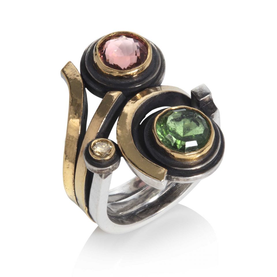 Pink and Green Tourmaline Ring with Diamonds